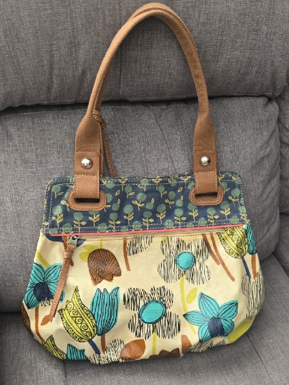 Fossil Floral Canvas Tote in Teal, Blue, Cream and Tan - Picture 2 of 5